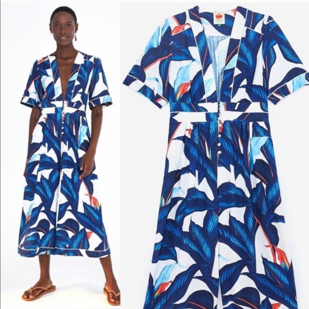 Farm Rio Blue Palm Tailored Jumpsuit